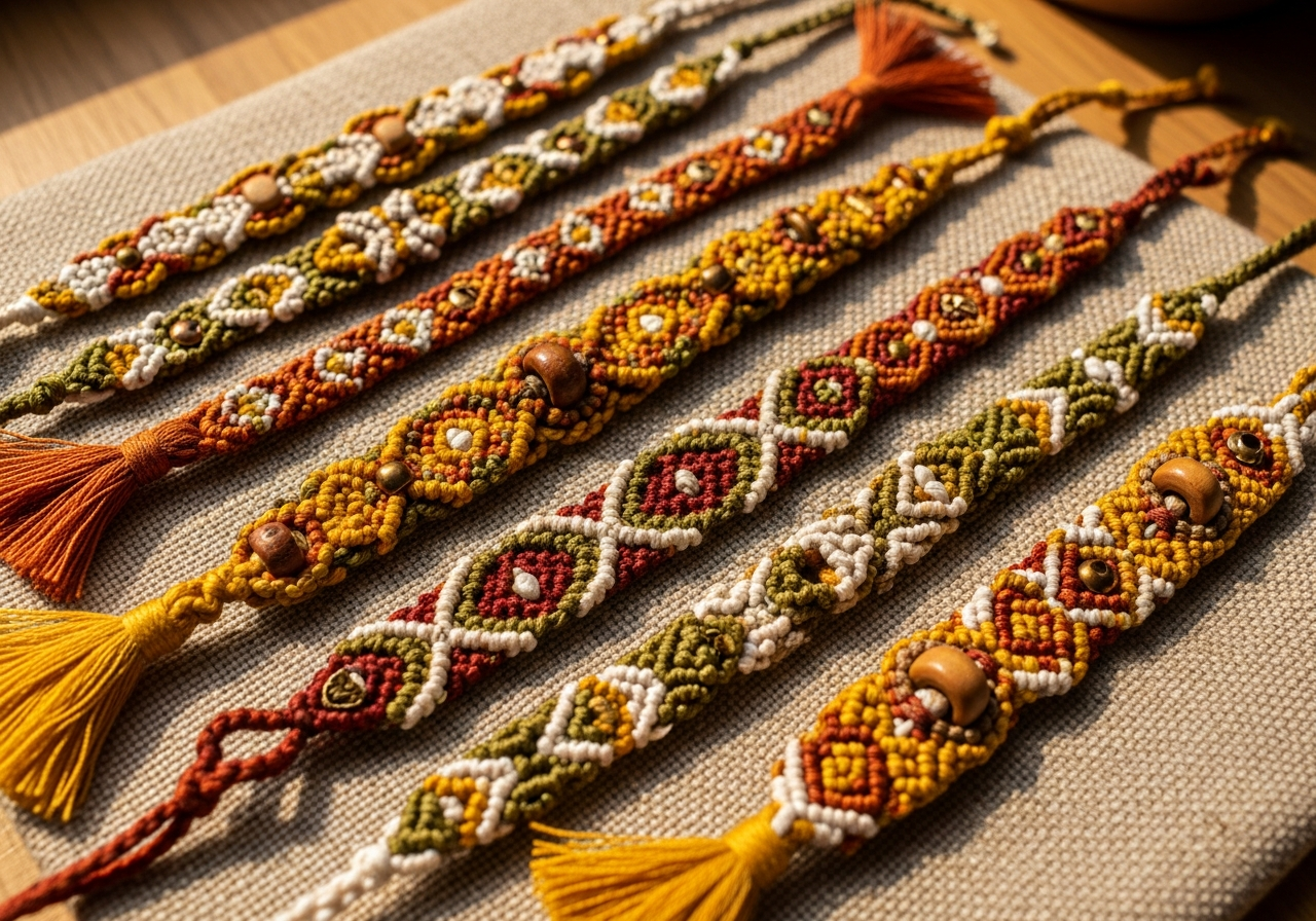 Коллекция готовых браслетов из нитей на льняной ткани