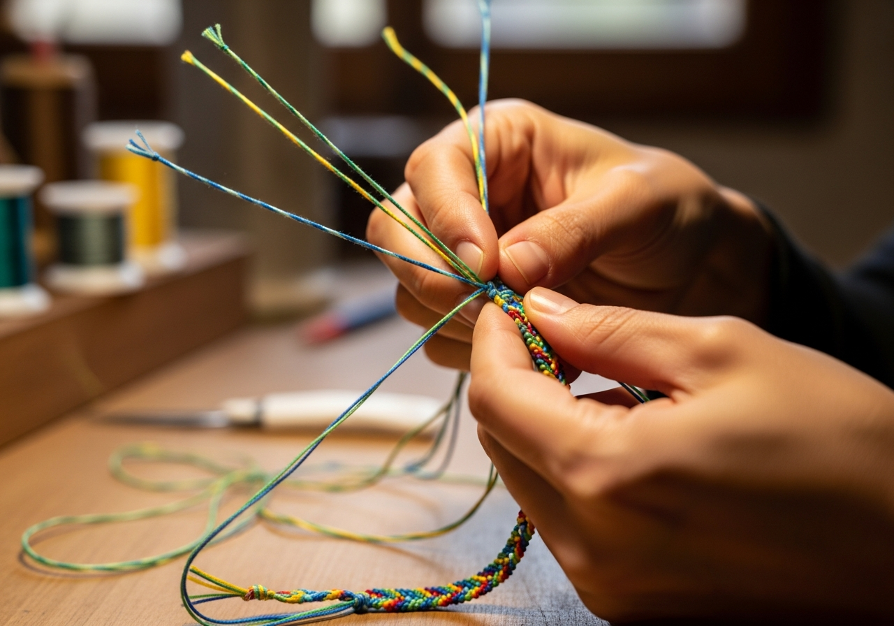 Процесс плетения браслета из цветных нитей крупным планом