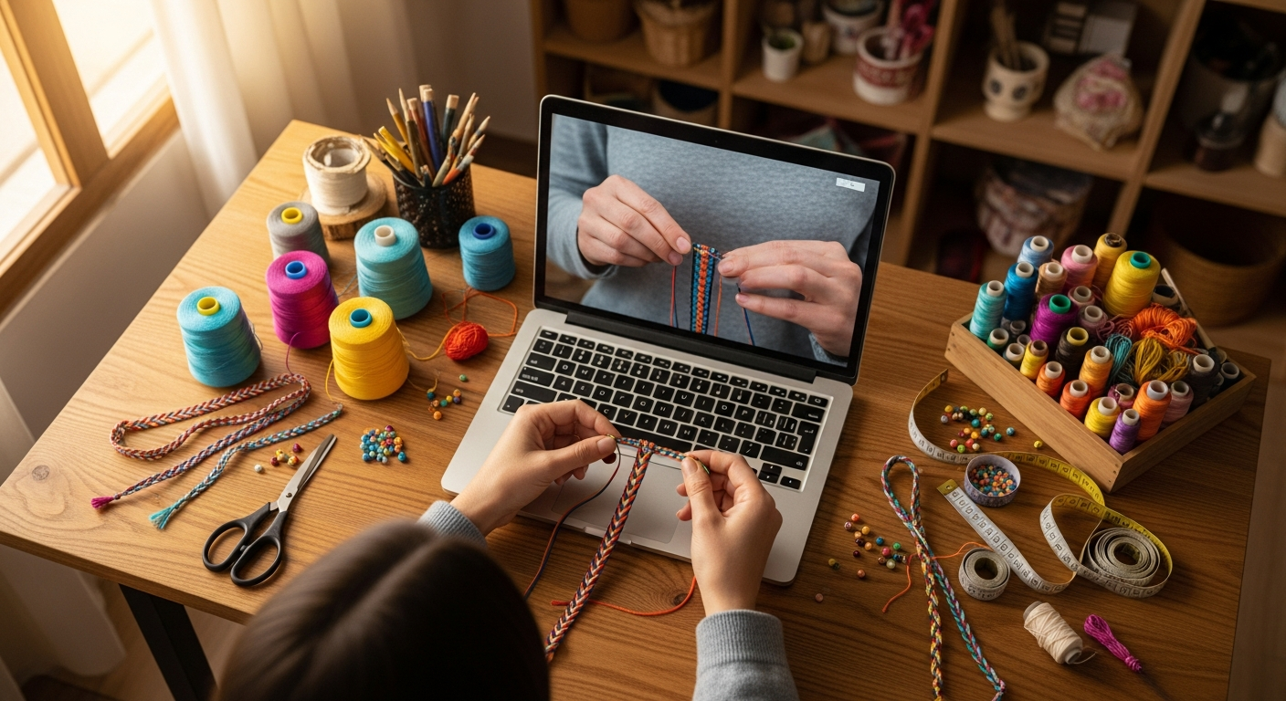 Человек смотрит онлайн-курс по плетению браслетов за столом
