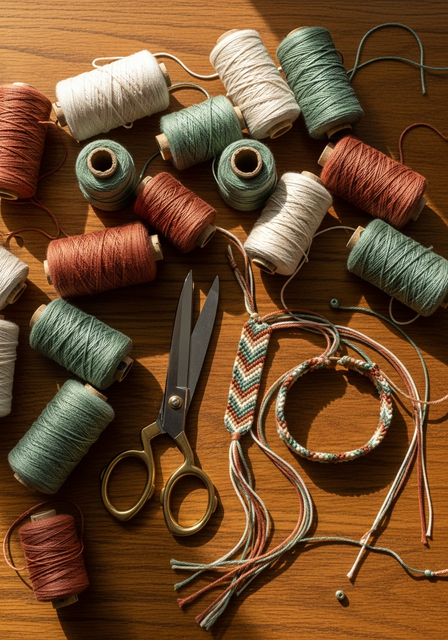 Материалы для плетения браслетов на деревянном столе